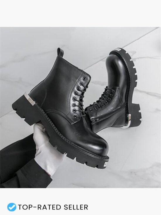 Men\'s Genuine Leather Lace Up Combat Boots with Side Zipper Chunky Lug Sole main image 4